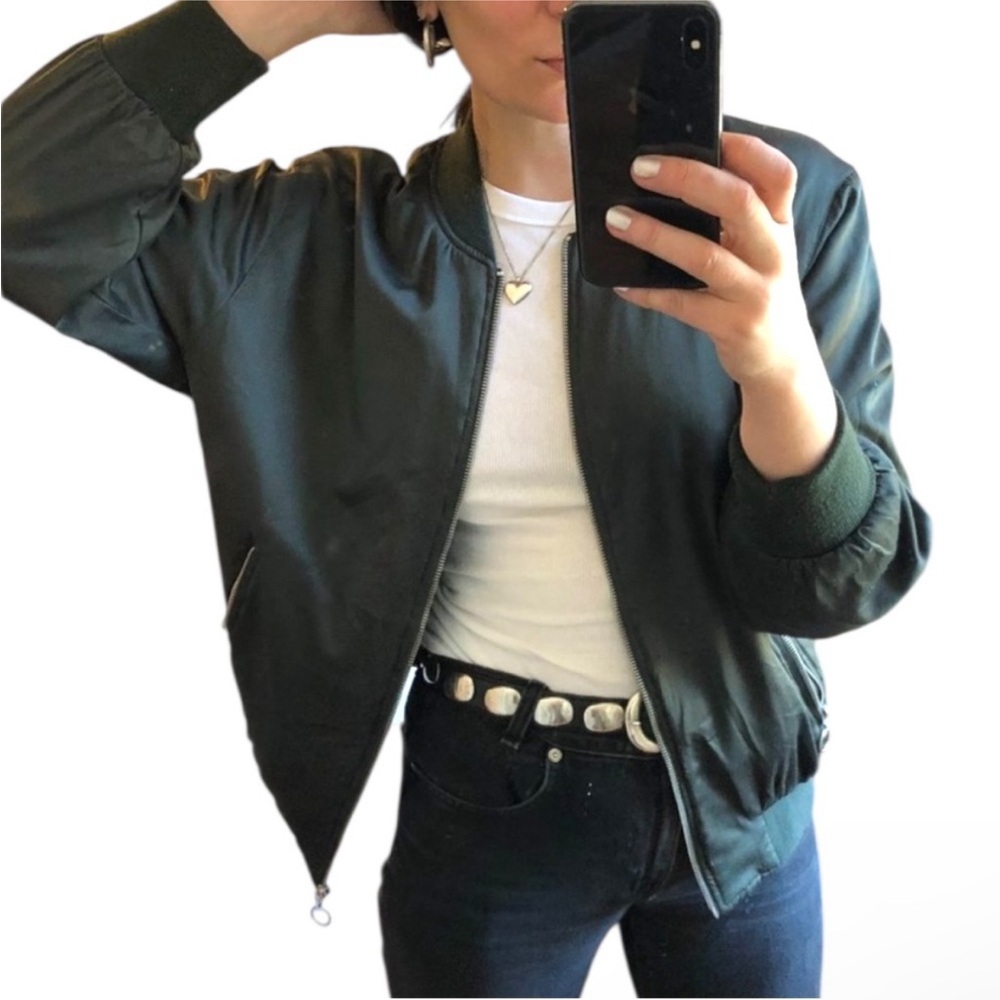 ZARA COLLECTION Green Silky Relaxed O-Ring Zipper Bomber Jacket Small |fits XS-M - Picture 16 of 16